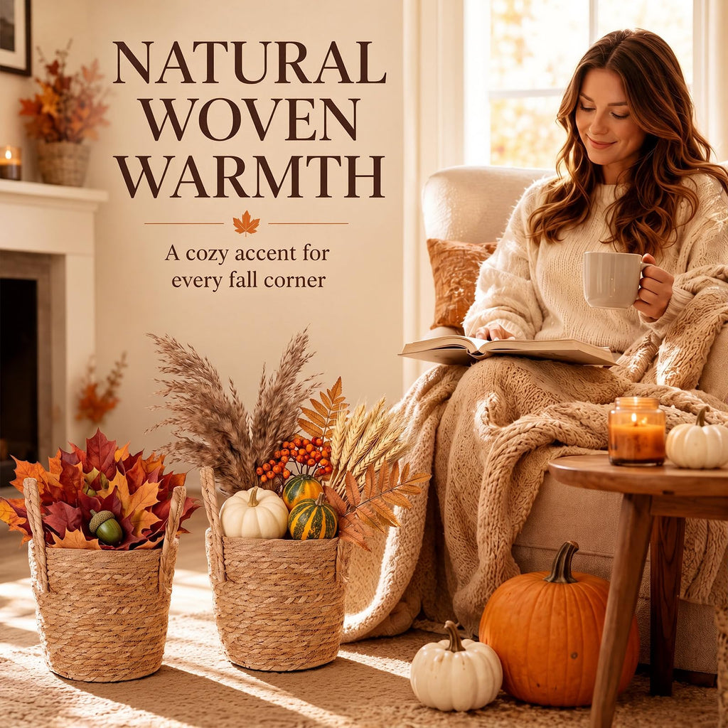Thanksgiving Woven Basket Planter Wicker, 10'', Natural, 2 Pcs