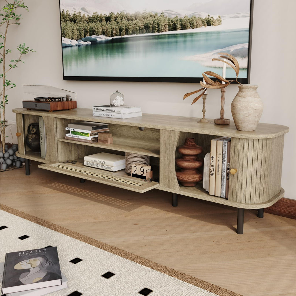 71" Mid Century Modern TV Stand, Wood TV Consoles with Sliding Doors and Rattan Door, Entertainment Center with