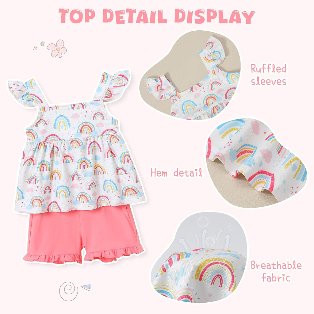 Toddler Girl Clothes, 2Pcs Baby Girl Summer Outfits Ruffle Sleeveless Shirts Floral Tops + Shorts Clothing Set