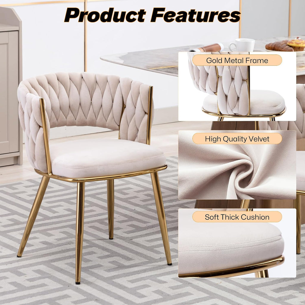 Velvet Woven Dining Chairs Set of 2, Modern Hand Weaving Dining Chair with Hollowed Backrest, Upholstered Club Chairs