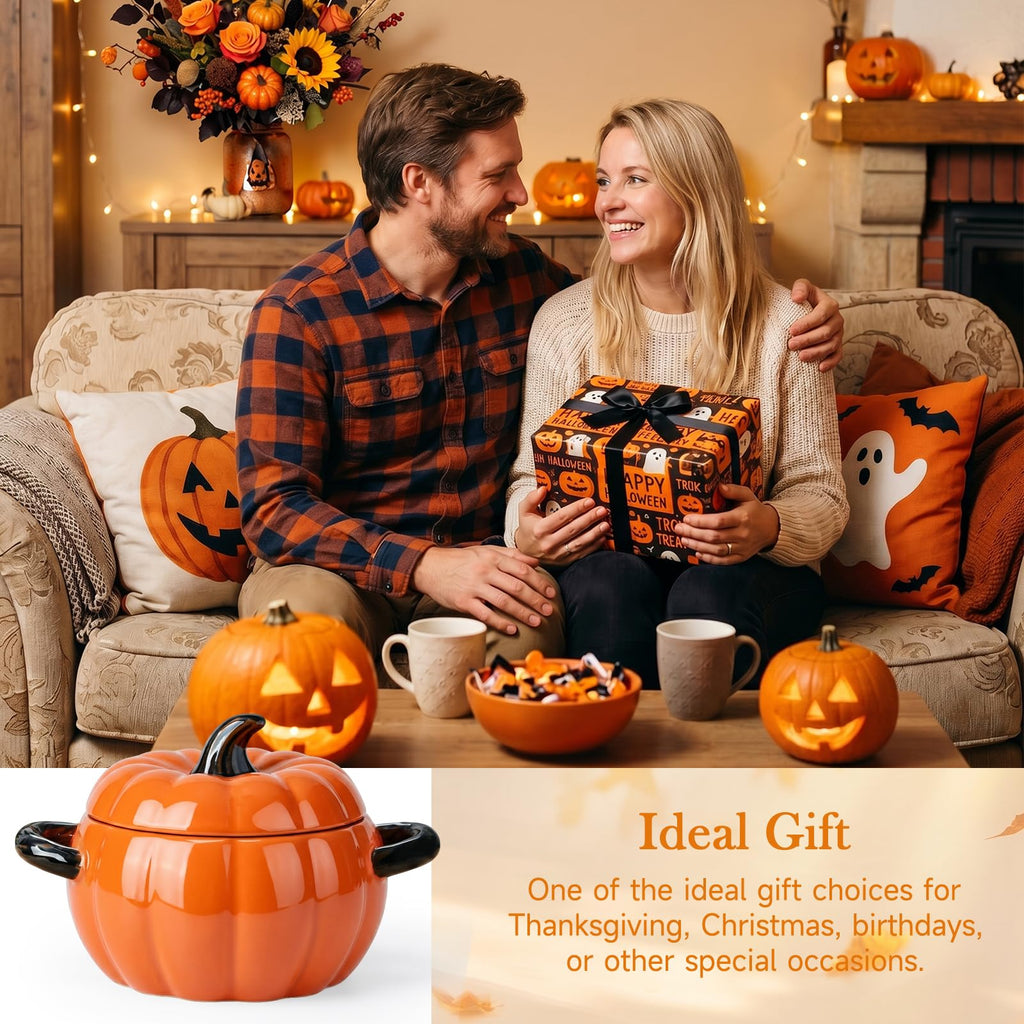 Pumpkin Soup Bowl, 64oz Ceramic Pumpkin Pot with Lid (Orange)