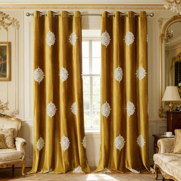 White Floral Embroidered Velvet Curtains, 52 x 84, 2 Panels, Gold