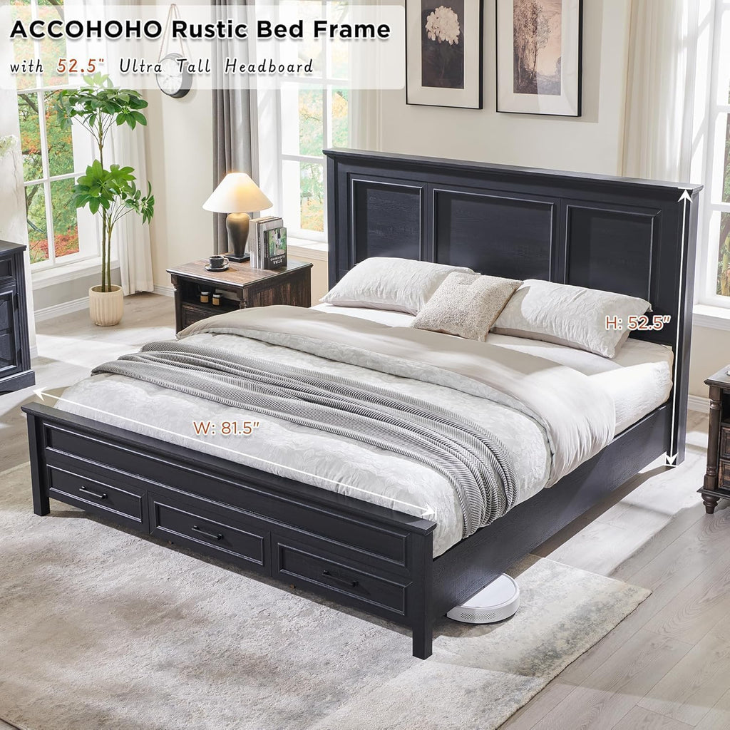 Farmhouse King Bed Frame with 52" Tall Headboard, Wood Platform Bedframe with Footboard and Storage Drawers, No