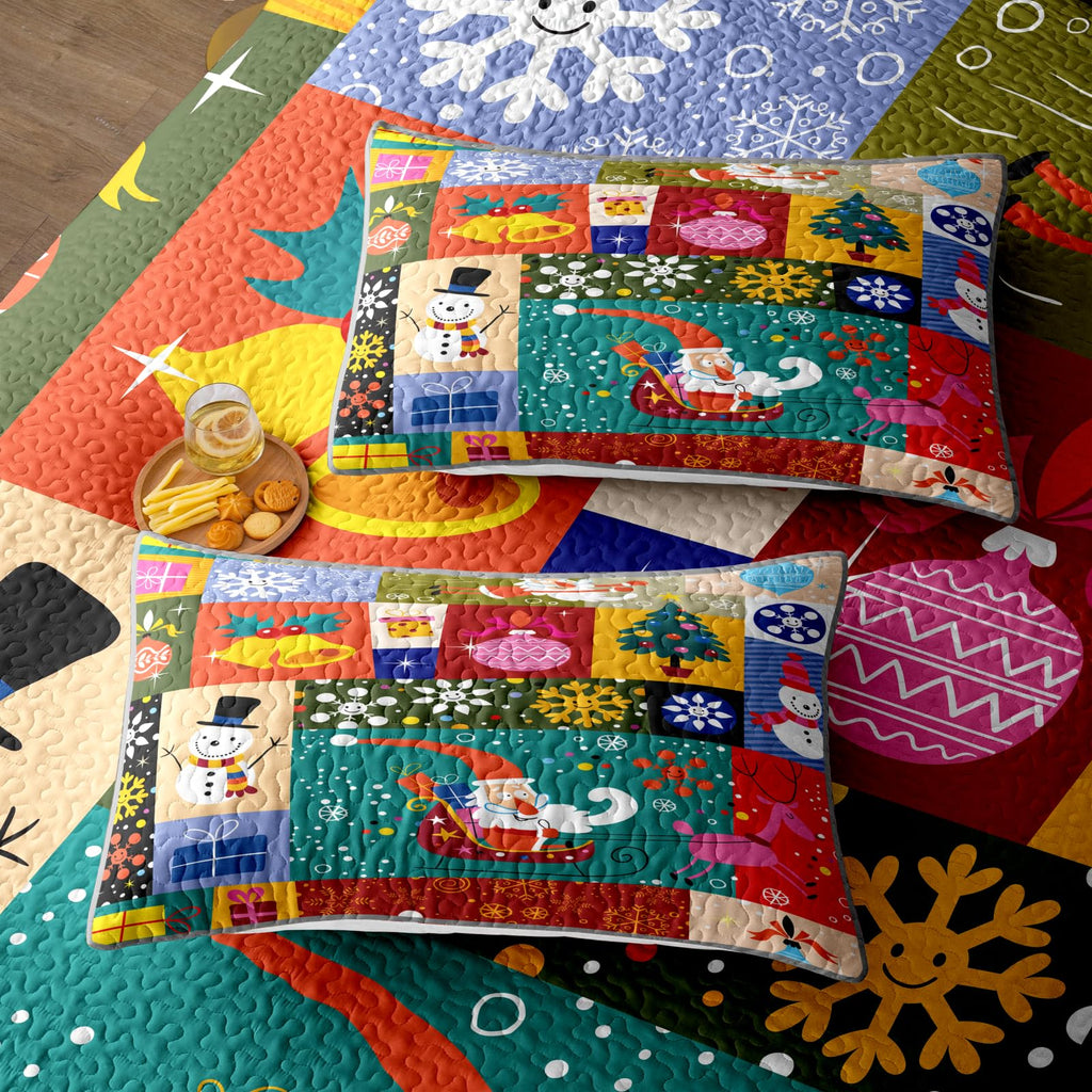 Merry Christmas Patchwork Green Quilt Set King- Santa Claus Gift Snowman Checkered Printed Holiday Bedding Set - Soft