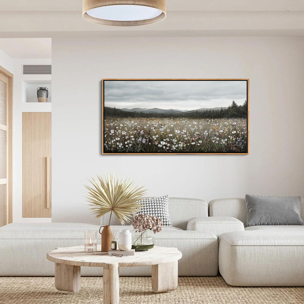 Vintage Framed Floral Landscape Wall Art - Large Nature Artwork Above Bed Wall Decor - Farmhouse Mountain Pictures