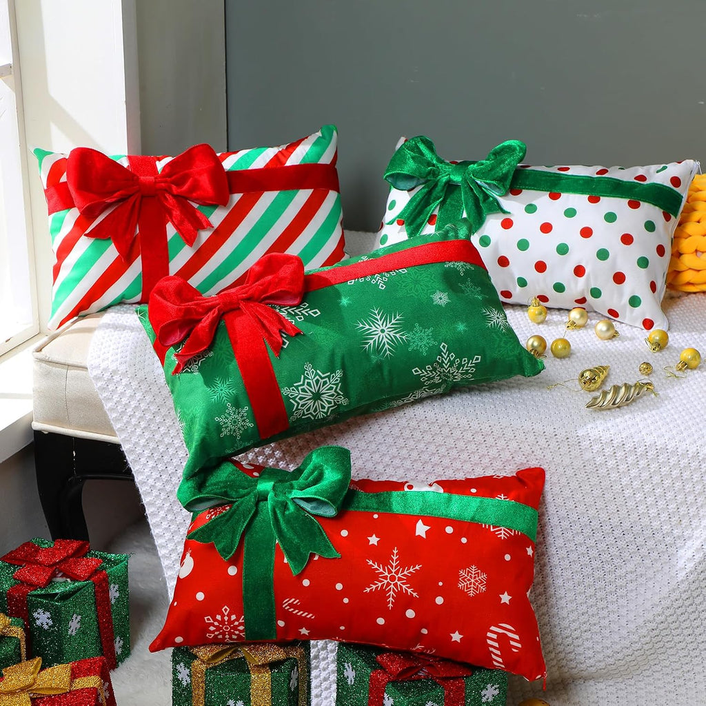 Christmas Pillow Covers 12 x 20 Inch Gift Box 3D Bows - Set of 4