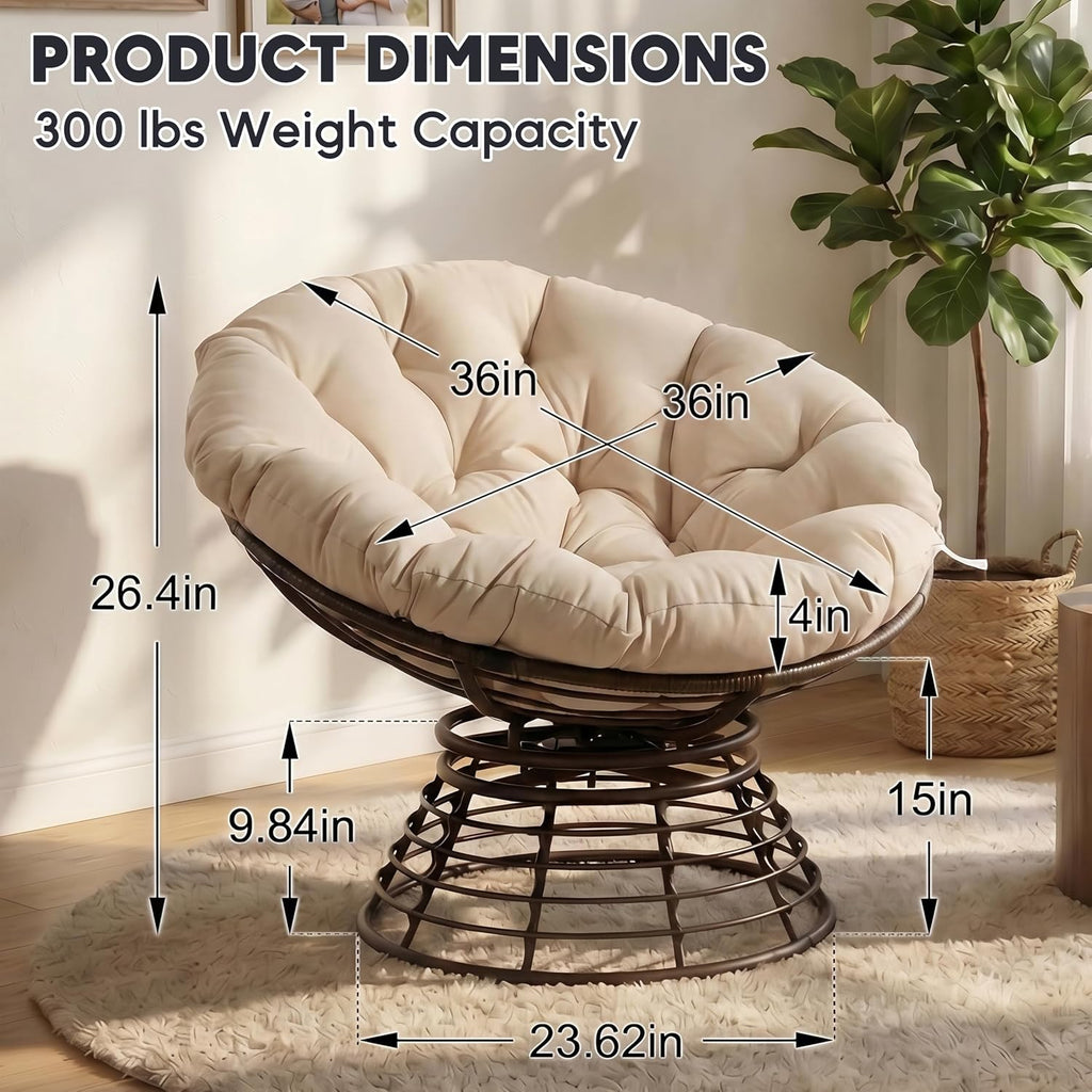 Comfortable 36" Ergonomic Wicker Papasan Chair, 360° Swivel Wicker Accent Chair Polyester Fabric Cushion, Ideal