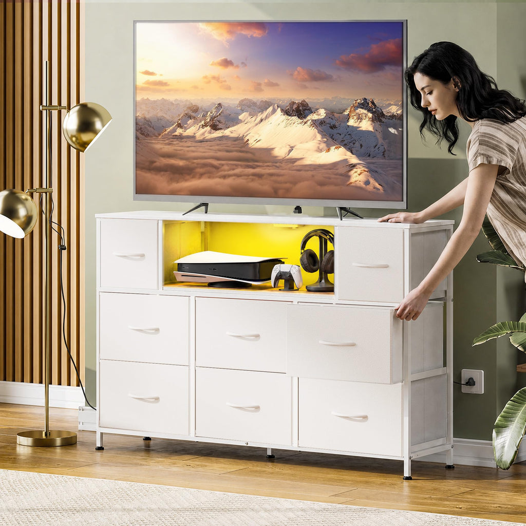LED TV Stand for 55 Inch TV, 8 Fabric Drawers, White