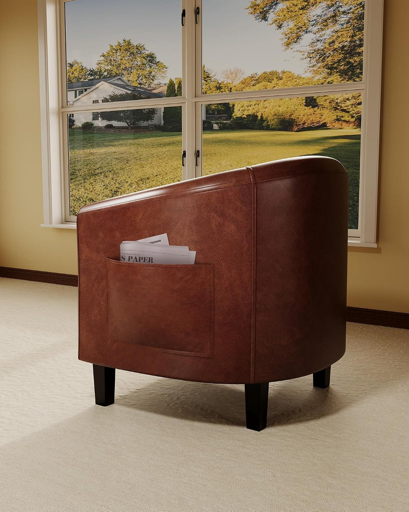 Accent Chairs Faux Leather Barrel Chair Club Armchair with Soft Seat Bedroom Reading Waiting Room - Brown - Set of 2