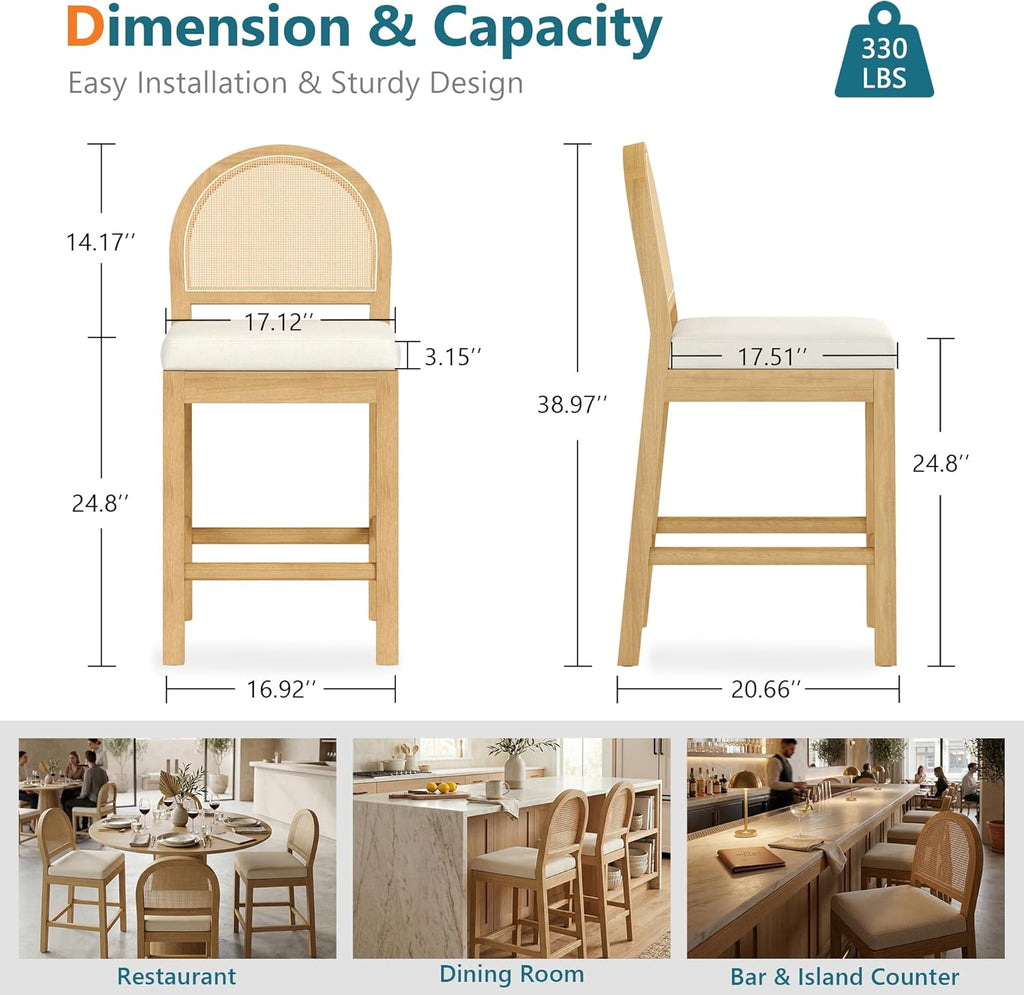 Upholstered Rattan Bar Stools Set of 4, Wooden Counter Height Stools with Natural Rattan Woven Back and Chenille