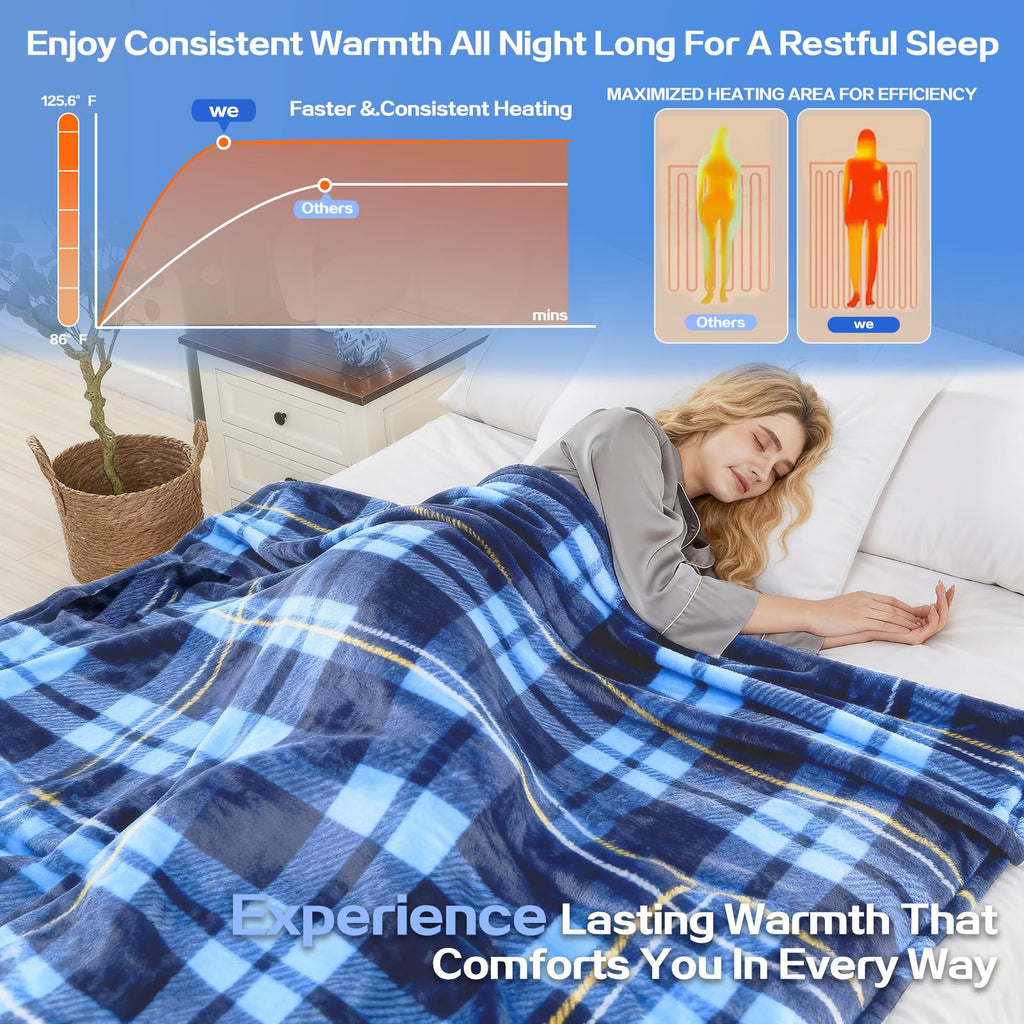 Electric Blanket Heated Queen, Soft Flannel 90"x84" Plaid Heating Blanket with 8 Hours Auto Off 10 Fast Heating