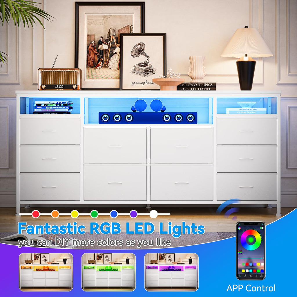 Dresser with LED Lights & Power Outlets, 63 Inch TV Stand Dressers with 10 Fabric Drawers, Entertainment Center with