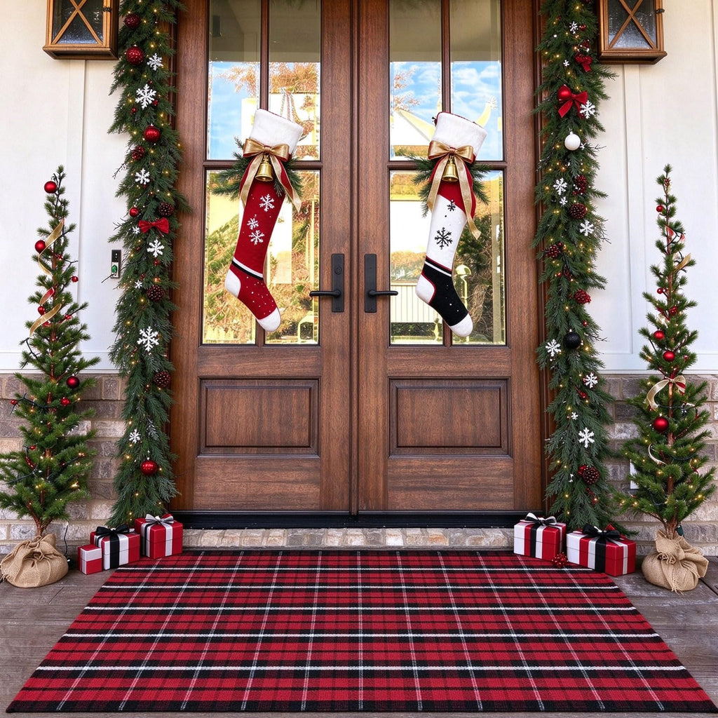 Buffalo Plaid Outdoor Rug, 3' x 5' Christmas Red & Black Check Indoor/Outdoor Area Rug, Layering Rug for