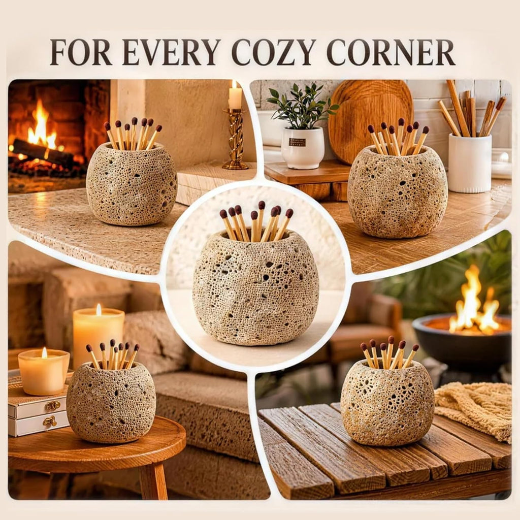 Match Holder, Matches Holder, Travertine Stone Striker Jar, Decorative Fireplace & Home Decor Accessory