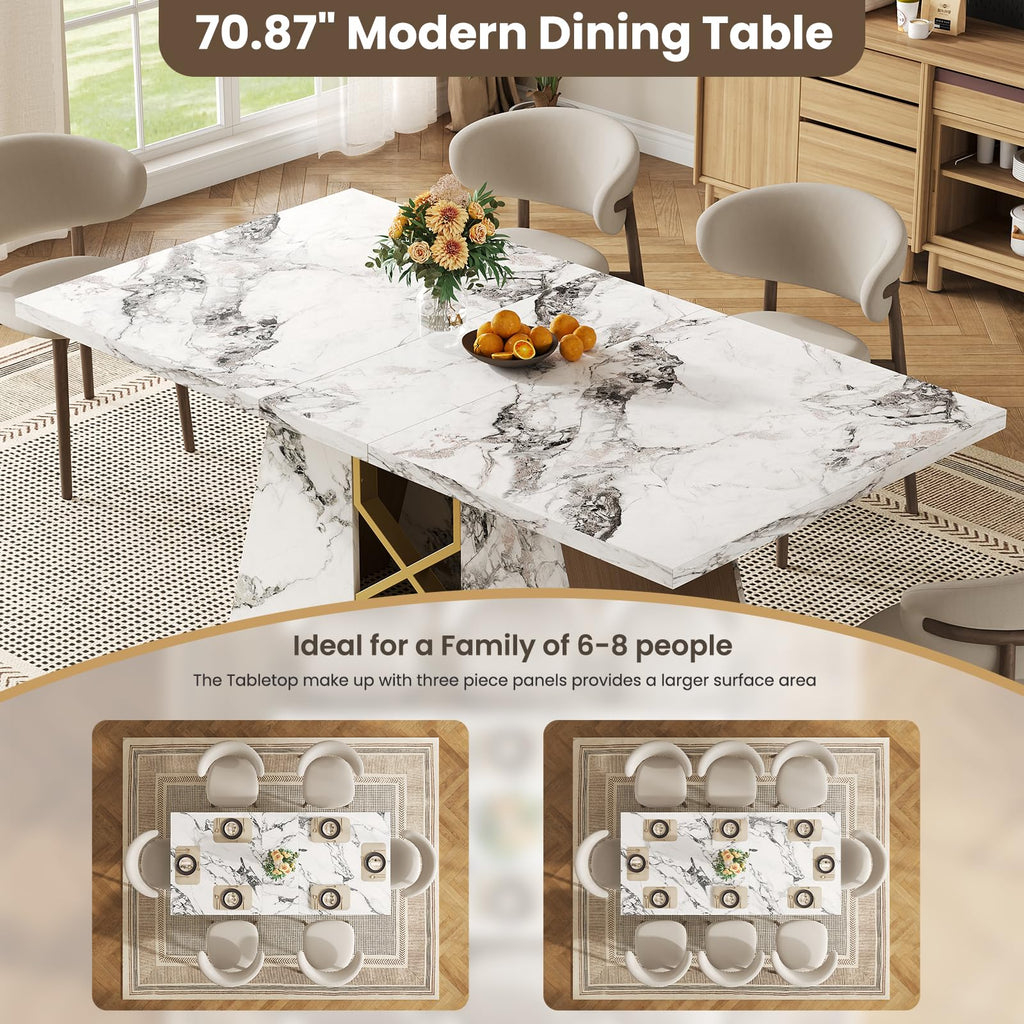 71 Inch Modern White Dining Table for 6-8 People, Large Faux Marble Kitchen and Dining Room Table, Rectanglar Dinner