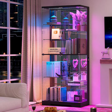 Lockable Display Cabinet with Glass Doors and RGB Lights - Black | 71" Tall; 10-Tiers Shelves; Pop-Up Tempered Glass;