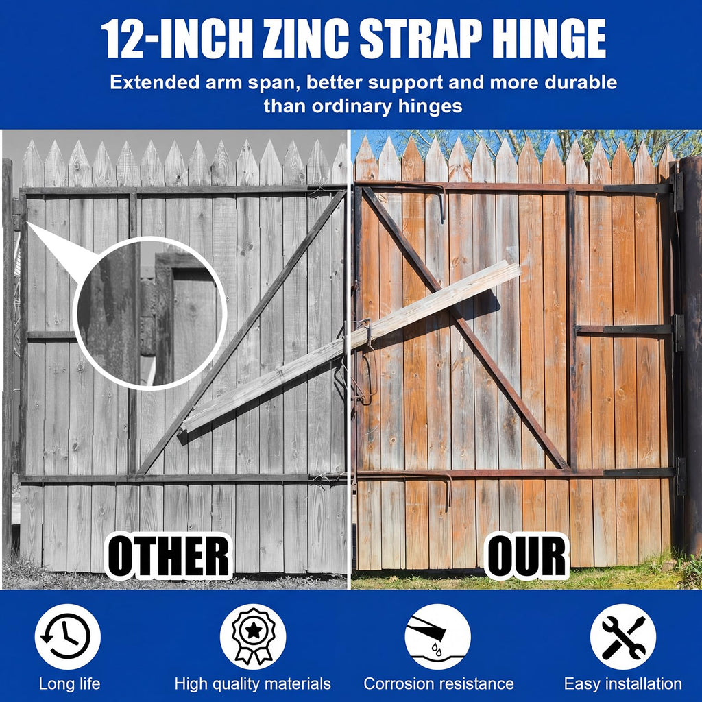 4 Pack 12" Zinc Strap Hinge Heavy Duty for Gate, Barn, Shed, Black