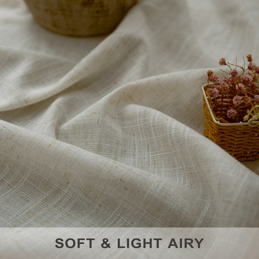 Flax Linen Curtains 80 Inches Long Semi Sheer Linen Large Drape Extra Wide Beige Light Filtering Curtains for Sliding