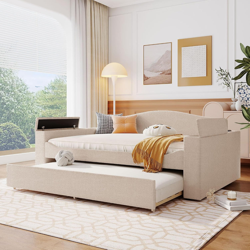 Upholstered Daybed with Trundle, Full Size Day Bed Frame with Storage Armrests, USB Ports