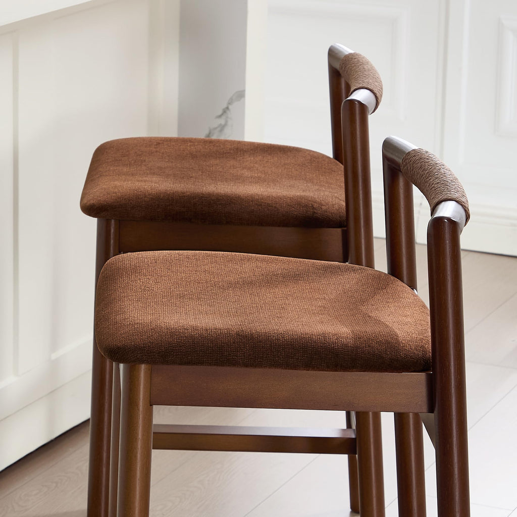 Wood Counter Stools with Woven Paper Cord Accent Back, Set of 4