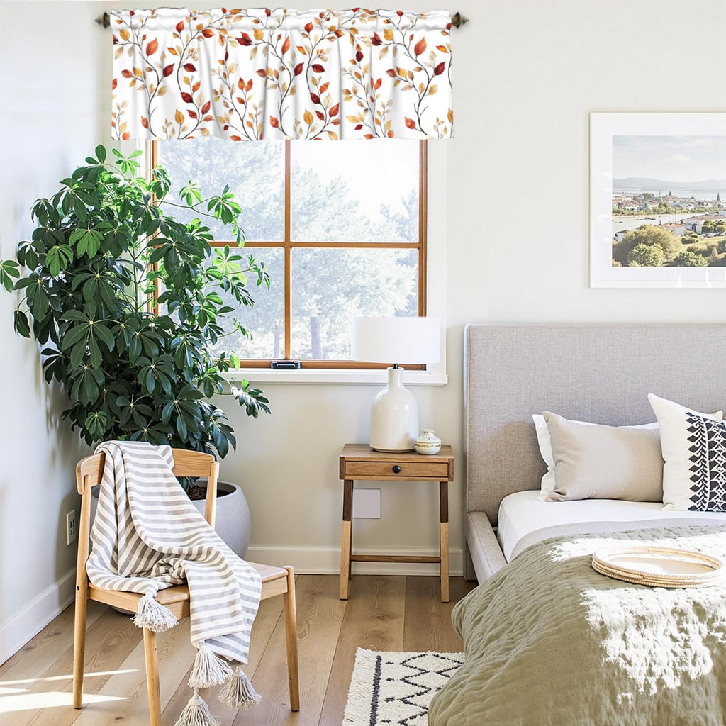 Fall Valances for Windows Brown Eucalyptus Leaves Print Kitchen Curtain Farmhouse Rustic Widow Valance with Rod