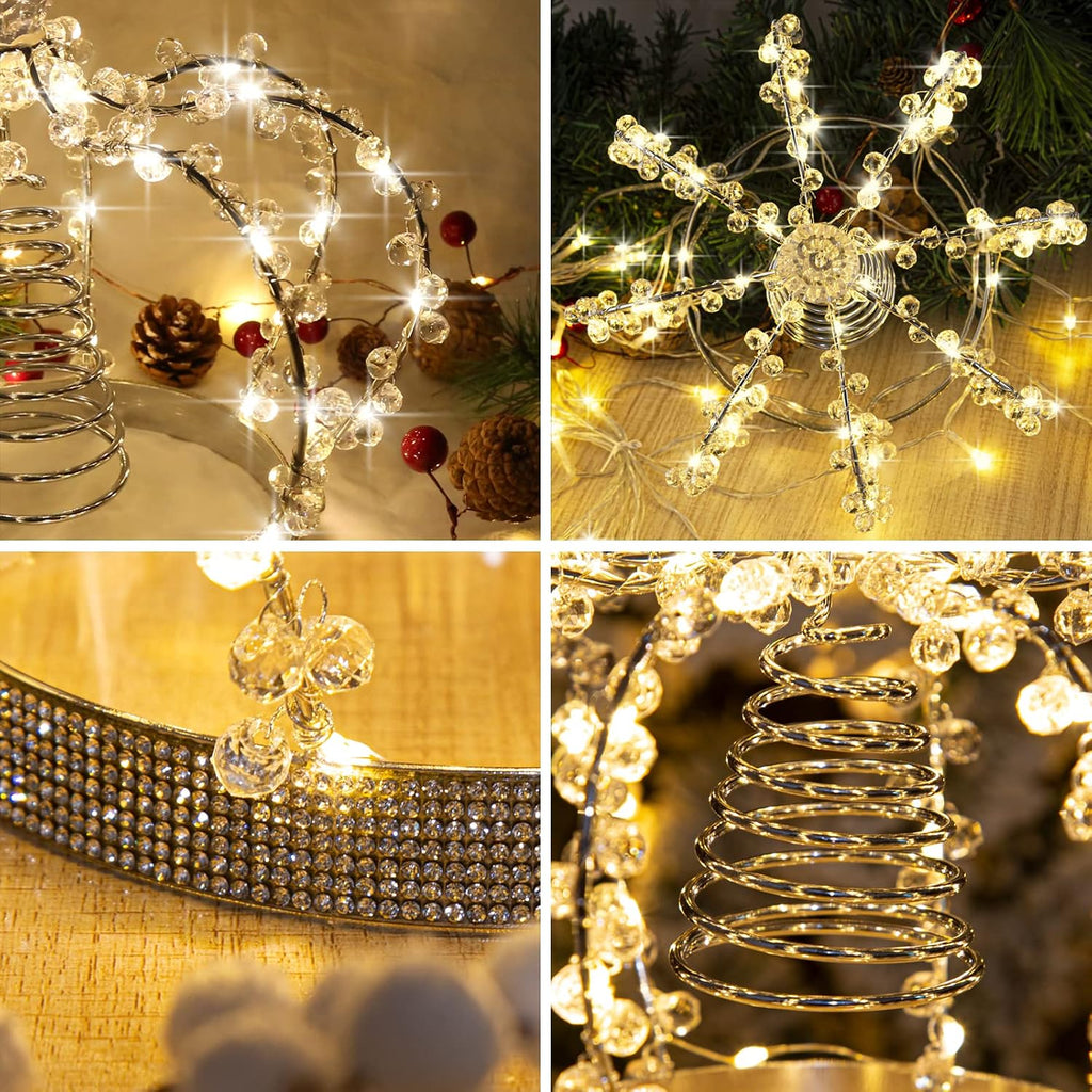 Christmas Tree Topper Star, Jeweled Crown with 60 Warm White LED USB Lighted Tree Topper, Xmas Tree Decor with Remote