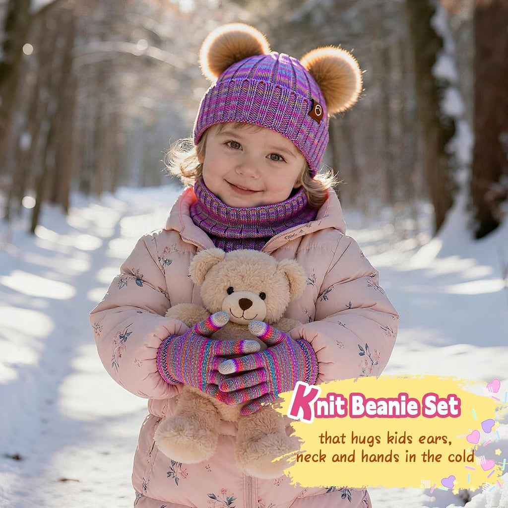 Kids Winter Hat Gloves Scarf Set Girls, Children Beanies Hats with Pom Pom