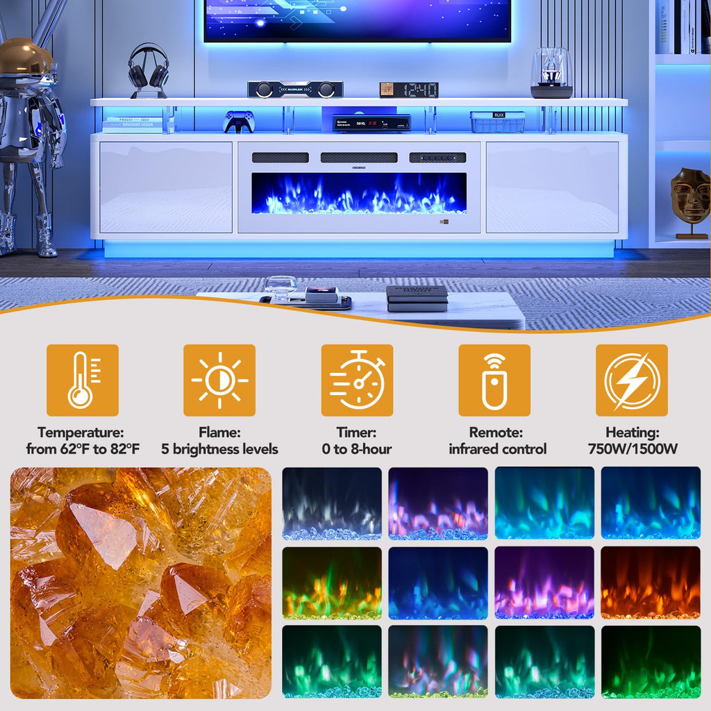 80", 36" Electric Fireplace with Adjustable Flames & Double LED Lights, Remote Control, Storage Cabinet with High