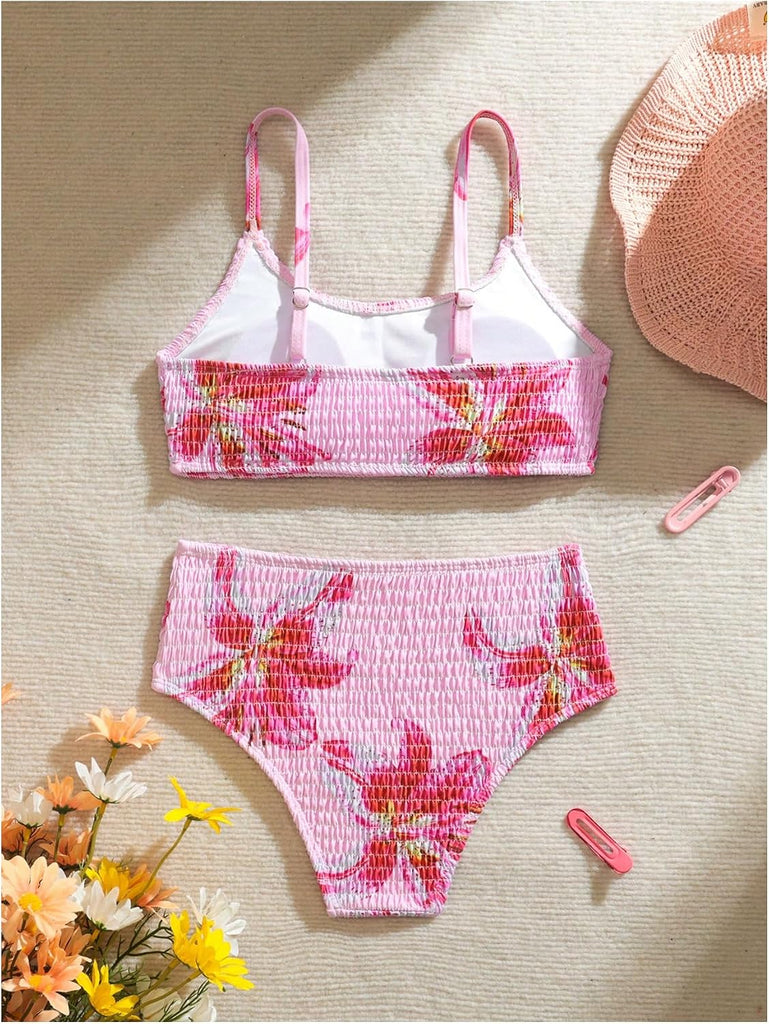 Girl's 2 Piece Floral High Waisted Swimsuit Smocked Bathing Suit
