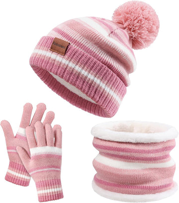 Kids Winter Hat Gloves Scarf Set: Girls Boys Beanie Fleece Lined