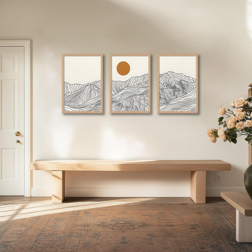 Abstract Wave Line Mountain Framed Canvas Wall Art, Boho Sun Wall Decor