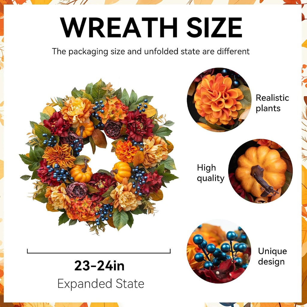 24 Inch Artificial Fall Wreaths for Front Door with Hydrangea Peony Pumpkin