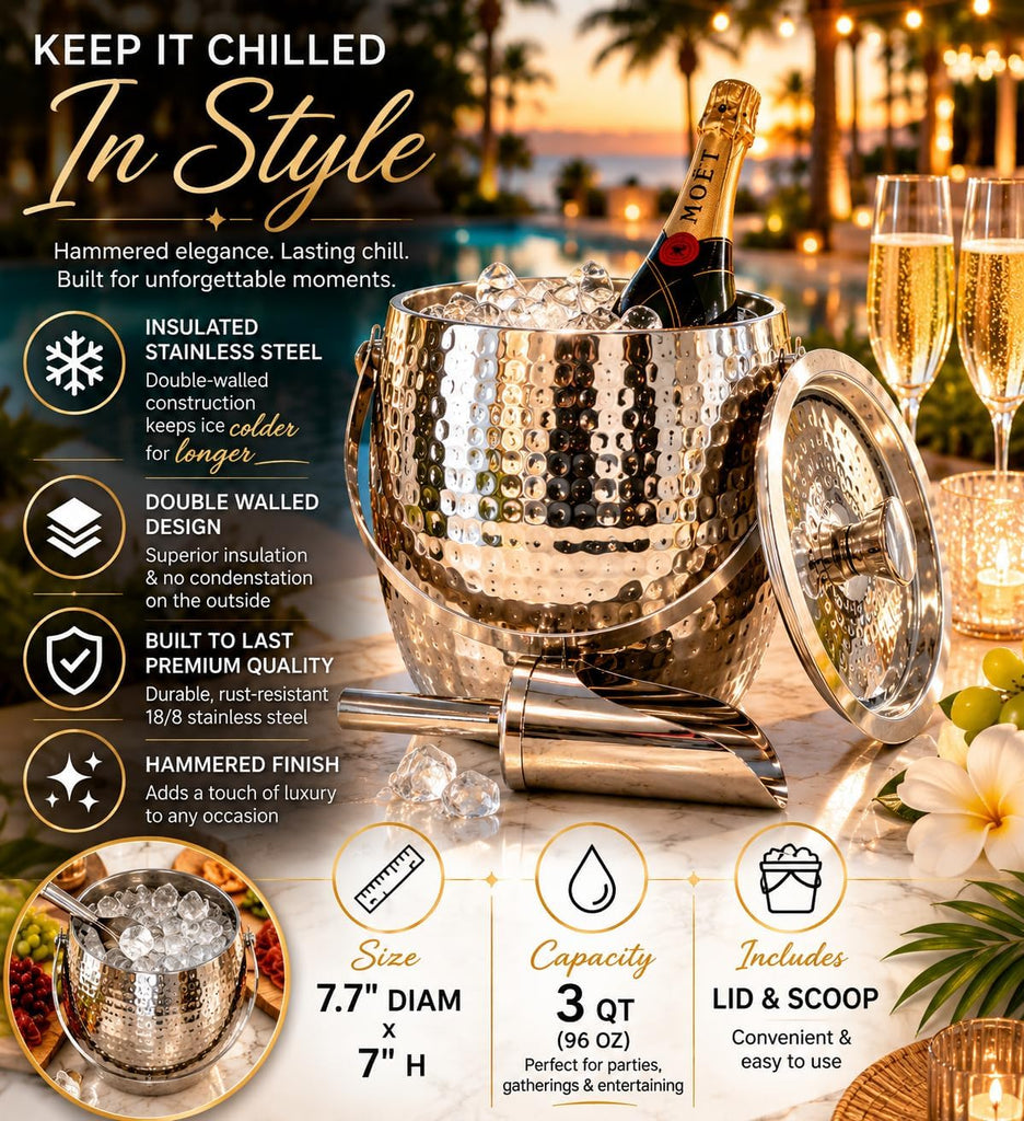 Insulated Ice Bucket with Lid & Scoop for Champagne Silver 3QT