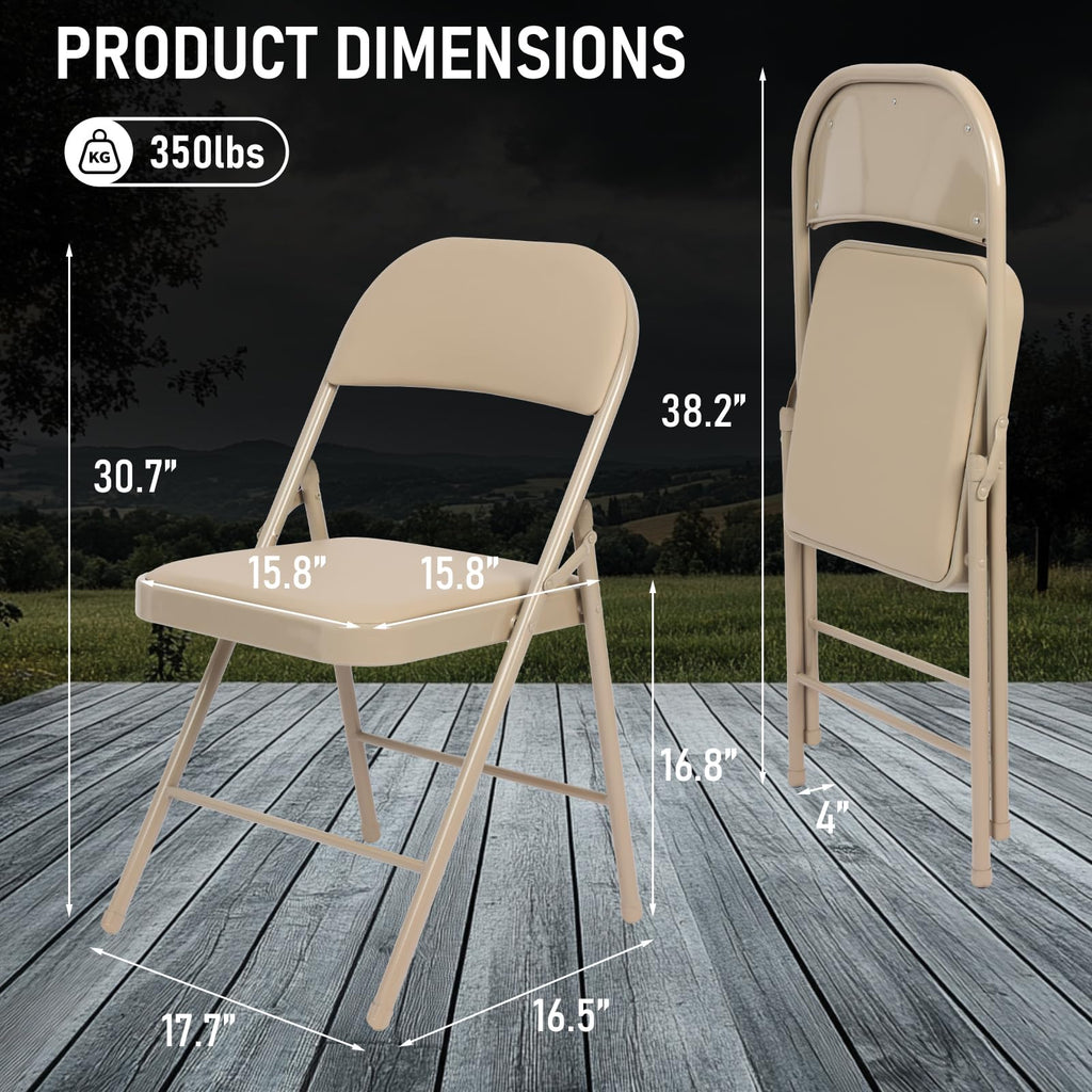 16 Pack Padded Folding Chairs, PU Leather Seat, 350 lb, Khaki
