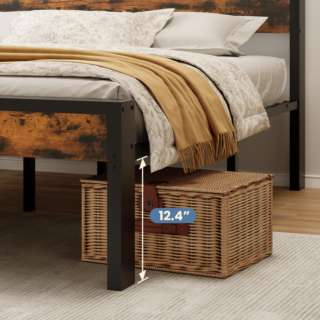 14 Inch Bed Frame with Wood Headboard, Rustic Brown