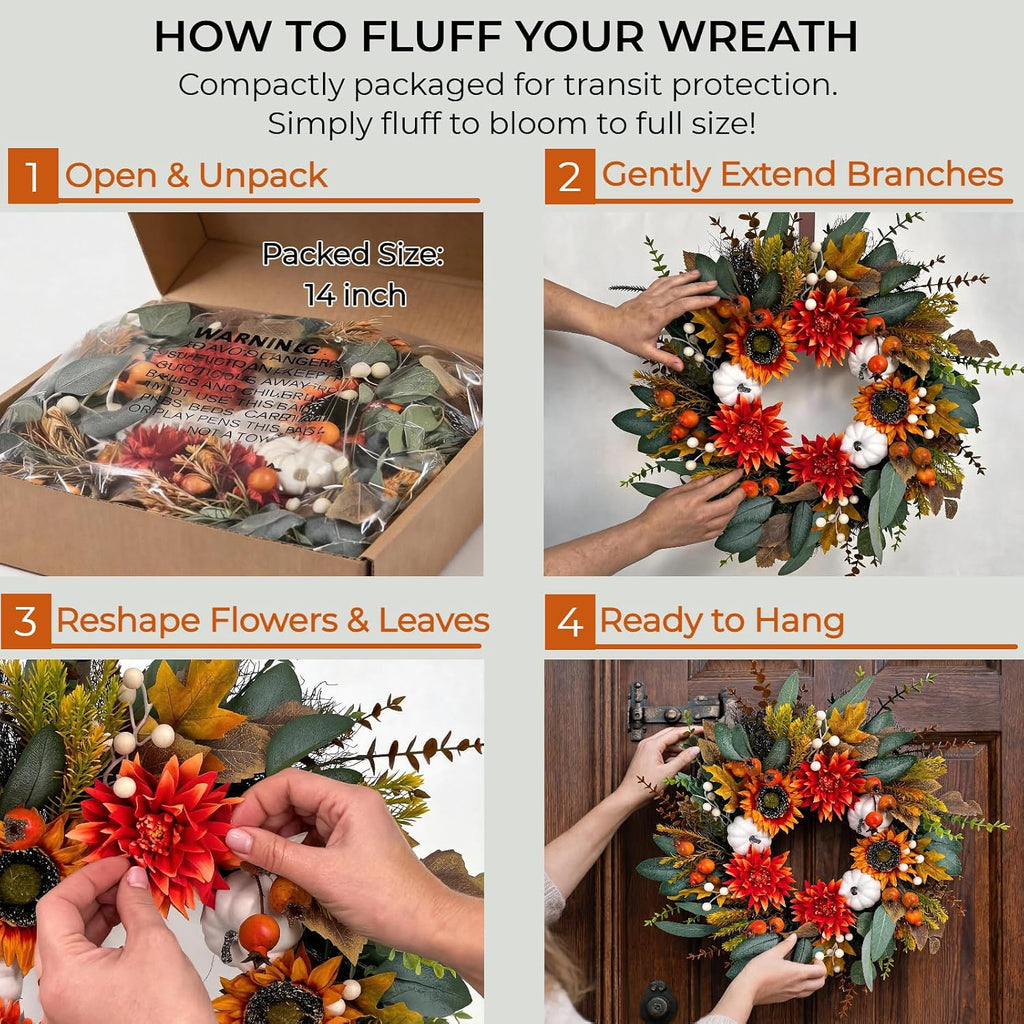 24 Inch Fall Eucalyptus Wreath for Front Door with Dahlia & Sunflower