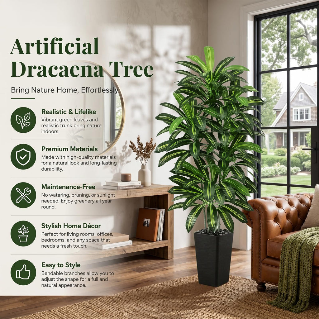 Artificial Dracaena Tree 5FT / Black Planter, Tall Plants Indoor