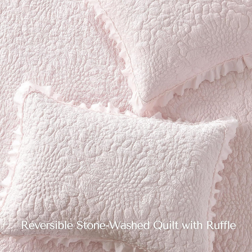 Pink Ruffled Quilt King, Stone-Washed Microfiber Lightweight Crinkled Farmhouse Rustic Shabby Chic Bedding Set, 3