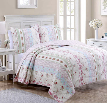 100% Cotton Real Patchwork Pink Floral Cottage Shabby Chic Reversible Quilt Bedding Set, Bedspread, Coverlet (Wild