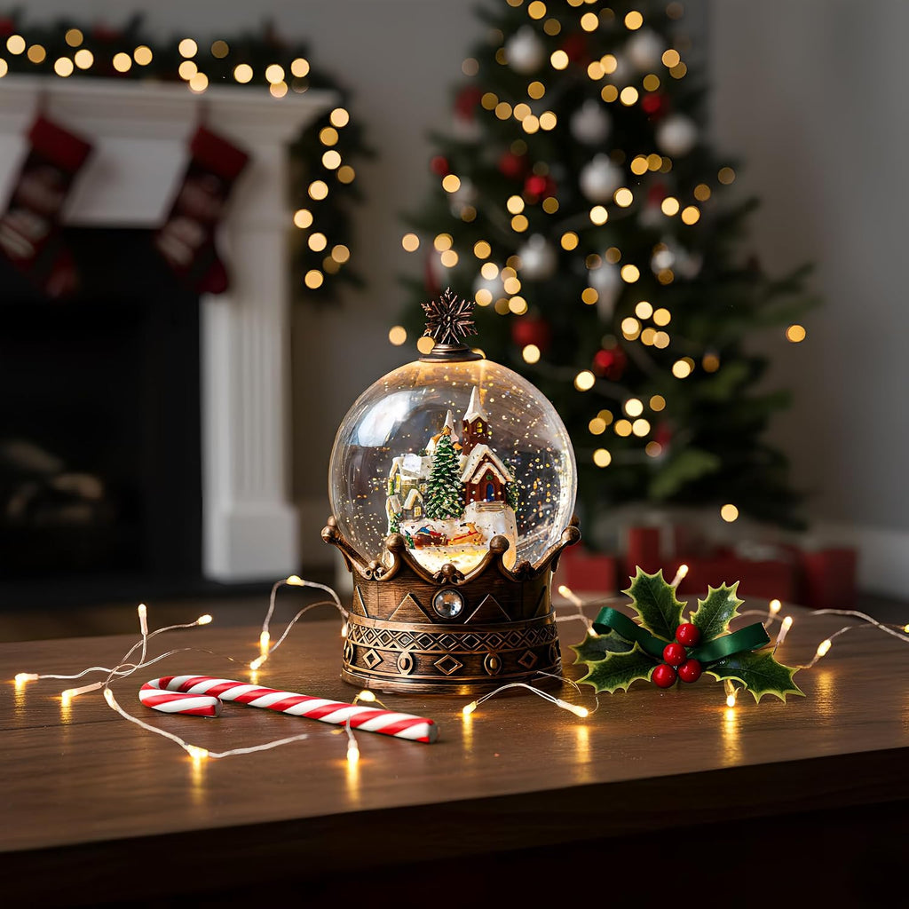 Christmas Snow Globe Lantern Water Glittering Village & Santa Crown with Music, USB Lined/Battery Operated Lighted