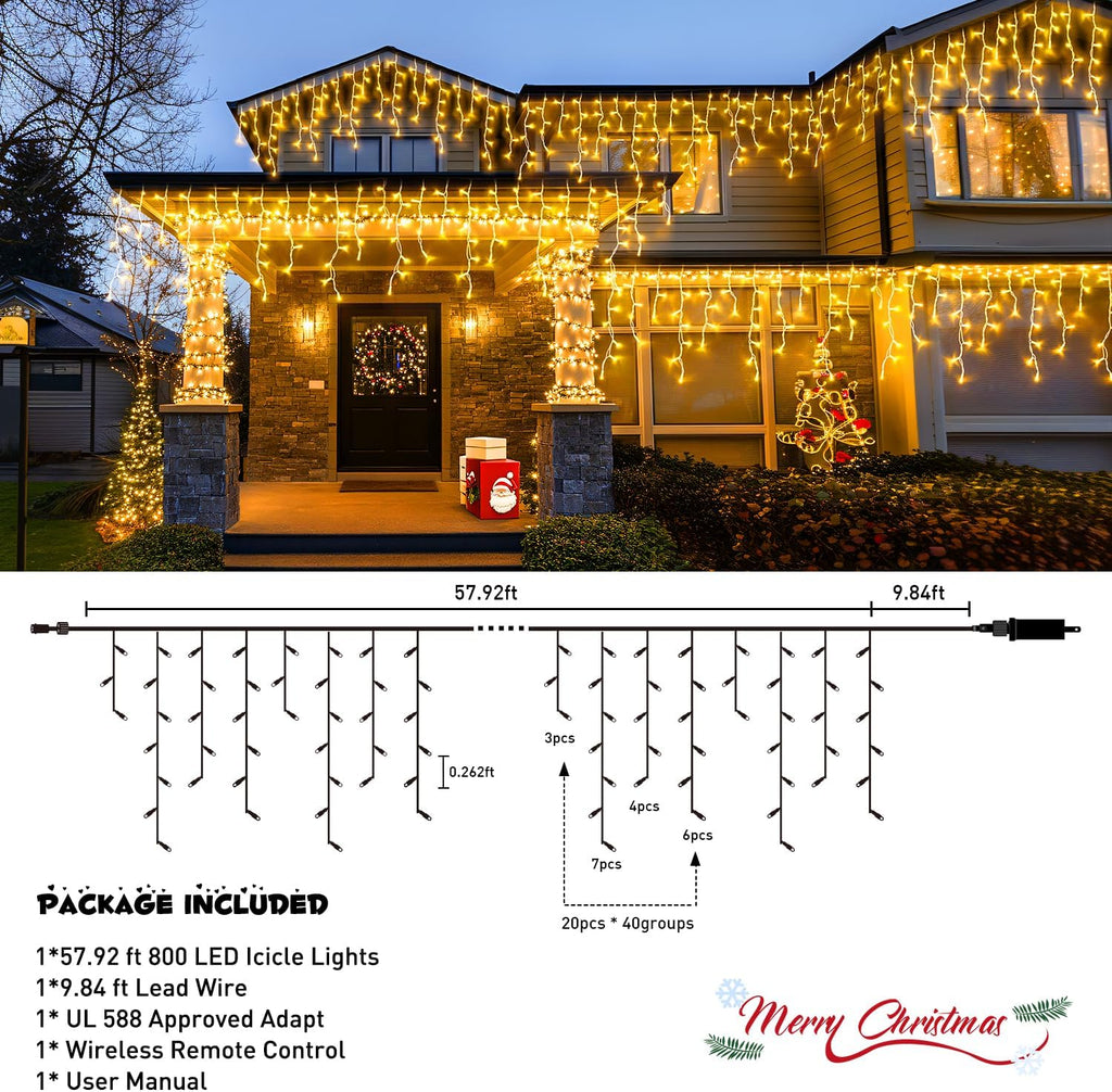 Christmas Icicle Lights for Outside,800 LED Warm White