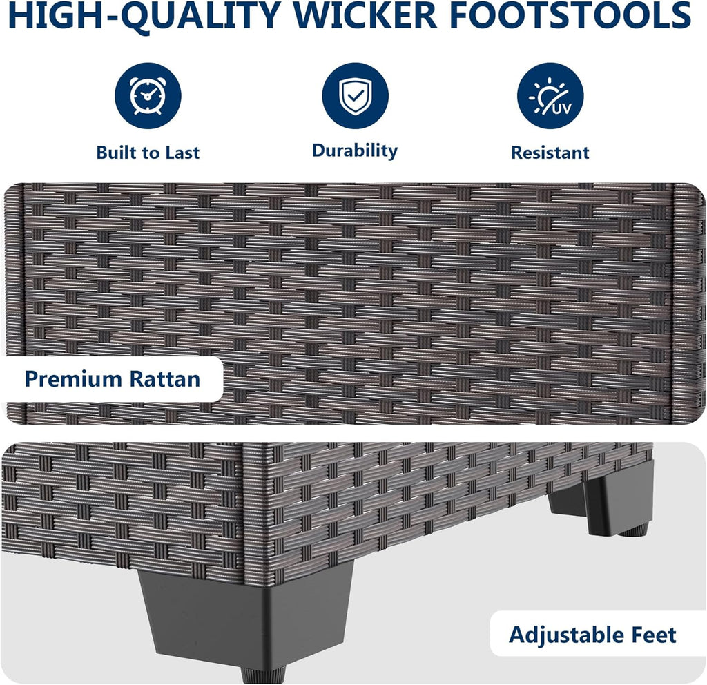 Outdoor Ottoman Set of 2,Footstool with Thickened Cushion,Grey | All-Weather PE Rattan,Removeable Thick
