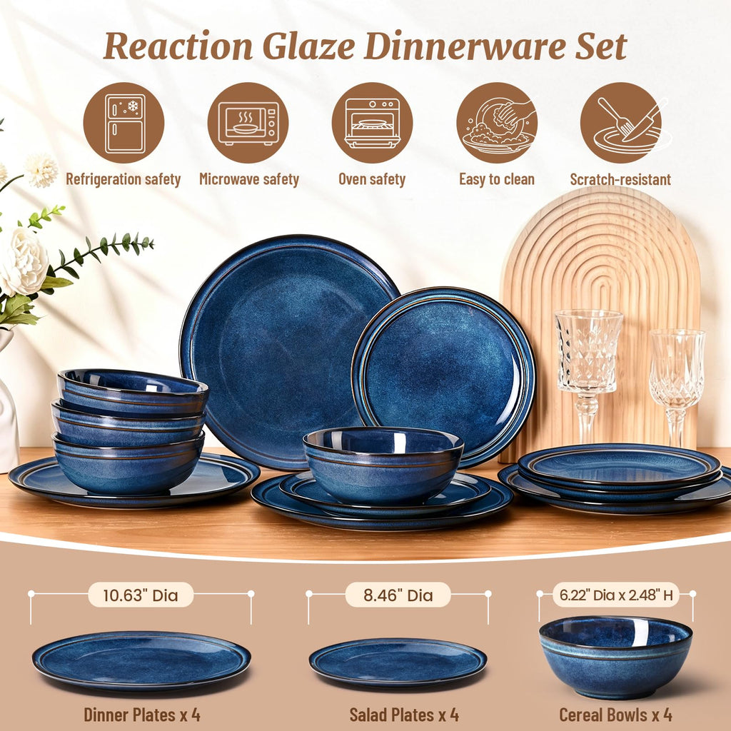 Plates and Bowls Sets 12 Pieces, Blue Reactive Glaze Dinnerware Set