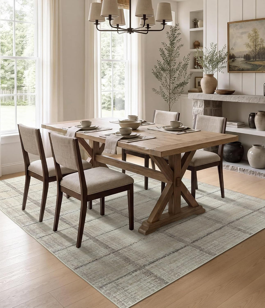 Beige Grey Distressed Plaid Area Rug