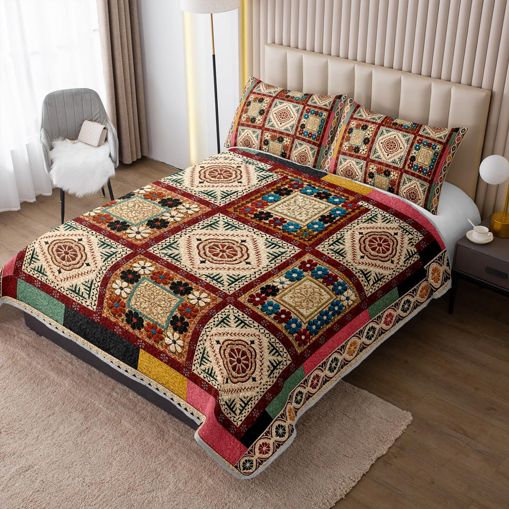 Vintage Bohemian Floral Patchwork Quilt, Geometric Bedspread.