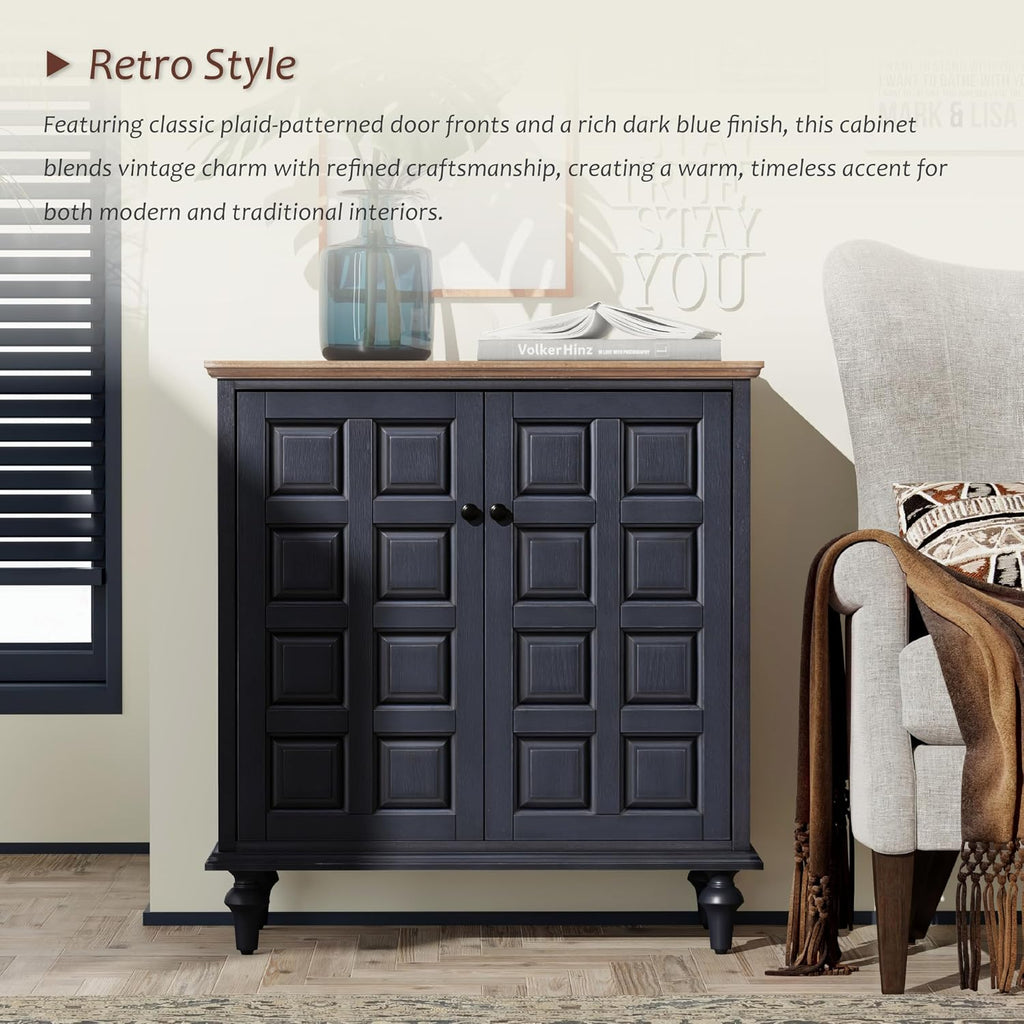 Retro 2 Door Storage Cabinet with Plaid Pattern Front, Vintage Side Table , Handles, Two-Shelves, Pine Wood, Dark