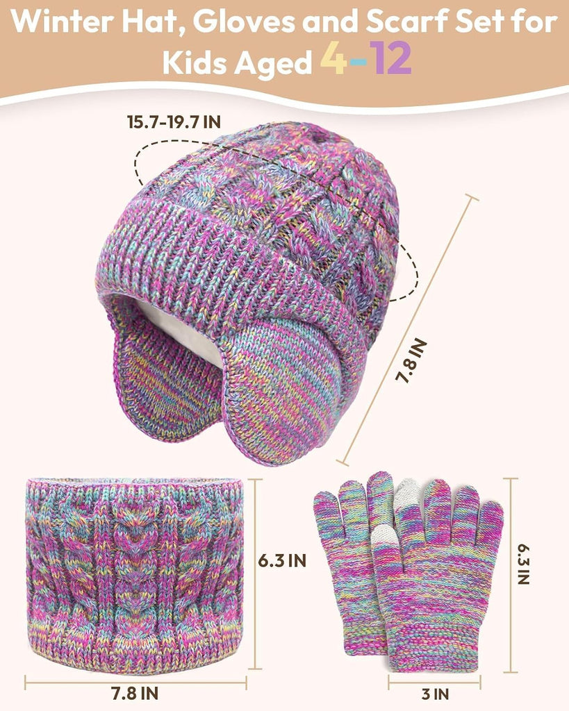 Kids Winter Hat Gloves Scarf Set,Toddler Girls Boys Beanie Hat with Earflaps,Knit Mittens & Neck Gaiter Warmer