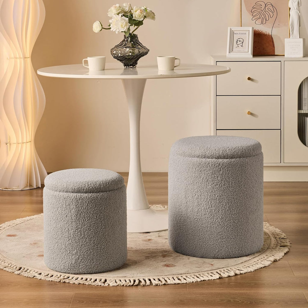 Round Ottoman with Storage Set of 2 Gray Sherpa Vanity Stool | Multifunctional Ottomans Coffee Table Padded Seat Foot