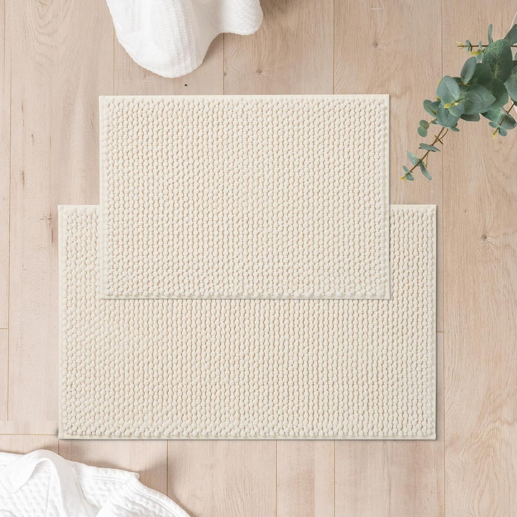 Chenille Bath Rugs Set 2 Pieces, Cream White, 17''x24''+20''x32'' | Non-Slip Bathroom Mats Set, Absorbent Fiber