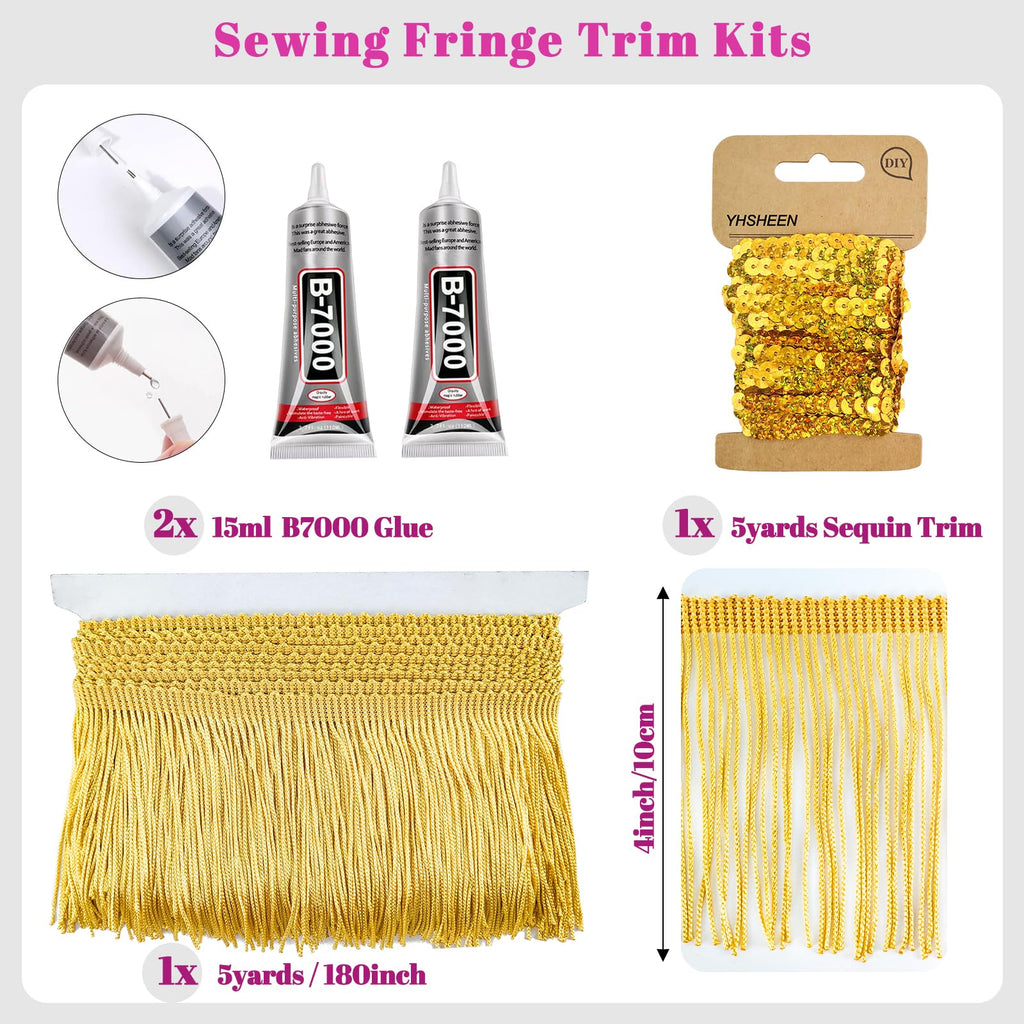 Gold Fringe, 5 Yards X 4 Inch Fringe Trim with B7000 Glue, Tassels Trim for Crafts, Polyester Fibre Sewing Fringe